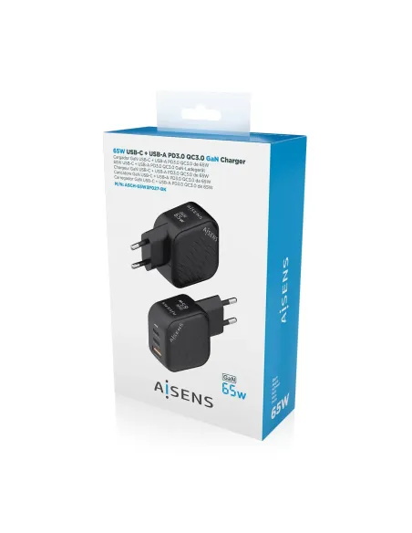 AISENS Cargador GaN 65W, 2xUSB-C PD3.0 QC4.0, 1xUSB-A QC3.0, Negro