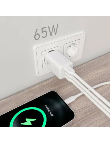 AISENS Cargador Gan 65W, 2xUSB-C PD3.0 QC4.0, 1xUSB-A QC3.0, Blanco