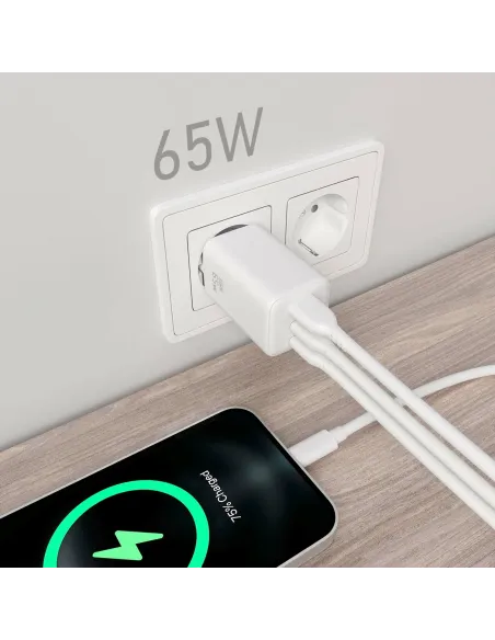 AISENS Cargador Gan 65W, 2xUSB-C PD3.0 QC4.0, 1xUSB-A QC3.0, Blanco