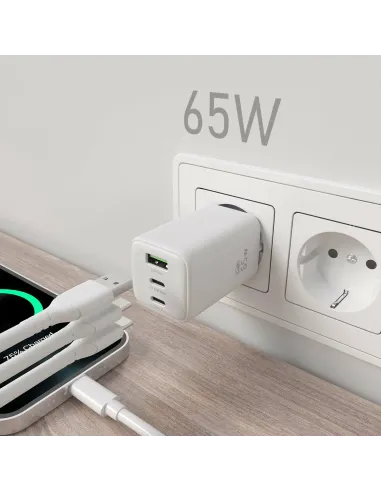 AISENS Cargador Gan 65W, 2xUSB-C PD3.0 QC4.0, 1xUSB-A QC3.0, Blanco