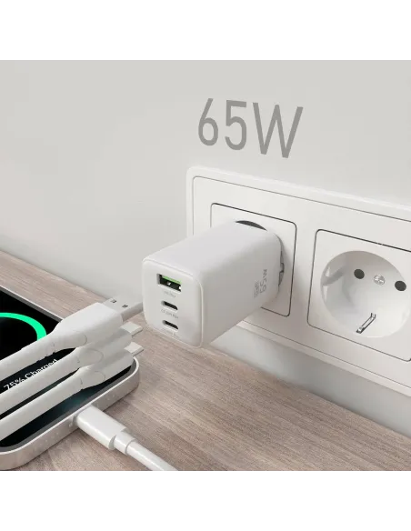 AISENS Cargador Gan 65W, 2xUSB-C PD3.0 QC4.0, 1xUSB-A QC3.0, Blanco