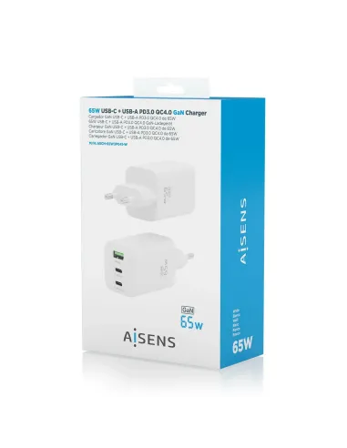 AISENS Cargador Gan 65W, 2xUSB-C PD3.0 QC4.0, 1xUSB-A QC3.0, Blanco