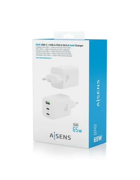 AISENS Cargador Gan 65W, 2xUSB-C PD3.0 QC4.0, 1xUSB-A QC3.0, Blanco