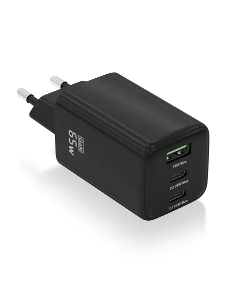 AISENS Cargador Gan 65W, 2xUSB-C PD3.0 QC4.0, 1xUSB-A QC3.0, Negro