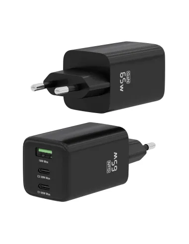 AISENS Cargador Gan 65W, 2xUSB-C PD3.0 QC4.0, 1xUSB-A QC3.0, Negro