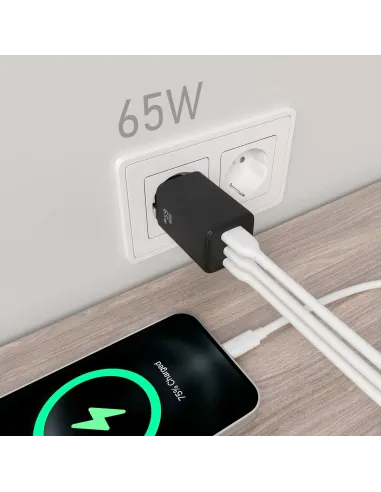 AISENS Cargador Gan 65W, 2xUSB-C PD3.0 QC4.0, 1xUSB-A QC3.0, Negro