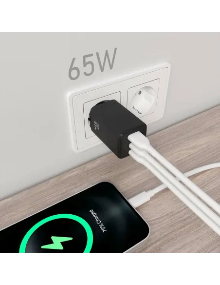 AISENS Cargador Gan 65W, 2xUSB-C PD3.0 QC4.0, 1xUSB-A QC3.0, Negro