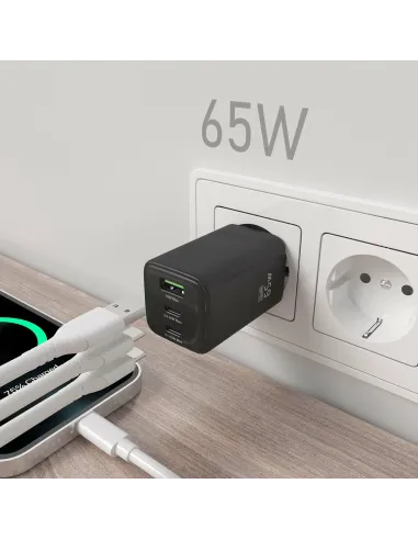 AISENS Cargador Gan 65W, 2xUSB-C PD3.0 QC4.0, 1xUSB-A QC3.0, Negro