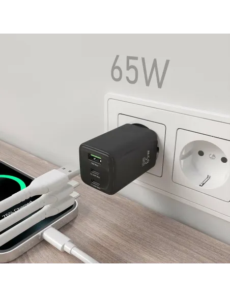 AISENS Cargador Gan 65W, 2xUSB-C PD3.0 QC4.0, 1xUSB-A QC3.0, Negro