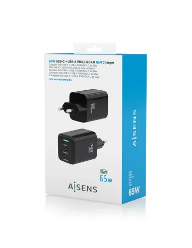 AISENS Cargador Gan 65W, 2xUSB-C PD3.0 QC4.0, 1xUSB-A QC3.0, Negro
