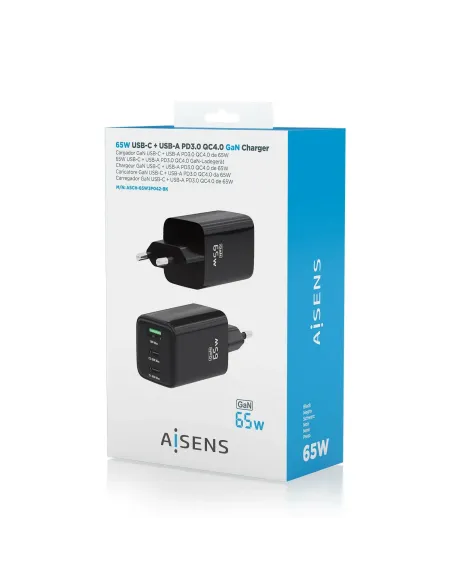 AISENS Cargador Gan 65W, 2xUSB-C PD3.0 QC4.0, 1xUSB-A QC3.0, Negro