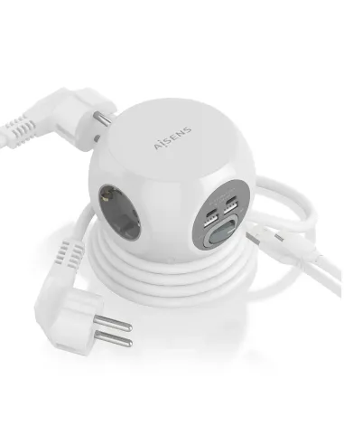 AISENS Regleta de Enchufes Sobremesa Multifuncion con 3 Tomas + 2xUSB-C, 2xUSB-A, 1.4M, Blanco