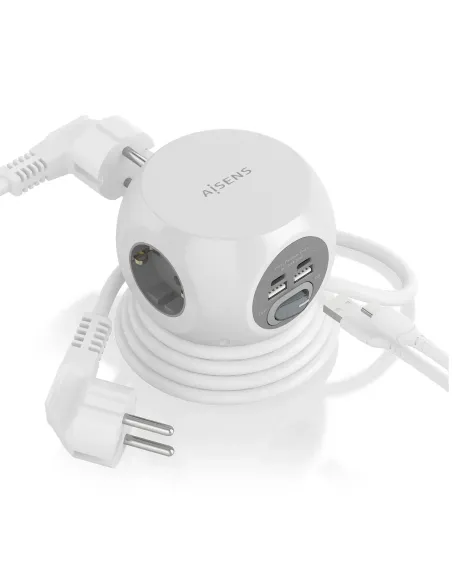 AISENS Regleta de Enchufes Sobremesa Multifuncion con 3 Tomas + 2xUSB-C, 2xUSB-A, 1.4M, Blanco