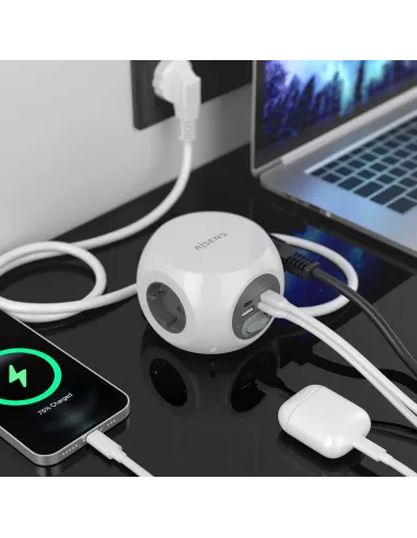 AISENS Regleta de Enchufes Sobremesa Multifuncion con 3 Tomas + 2xUSB-C, 2xUSB-A, 1.4M, Blanco