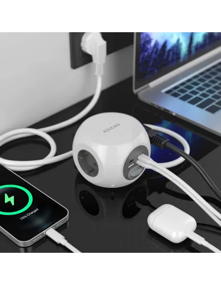 AISENS Regleta de Enchufes Sobremesa Multifuncion con 3 Tomas + 2xUSB-C, 2xUSB-A, 1.4M, Blanco
