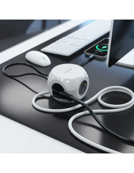 AISENS Regleta de Enchufes Sobremesa Multifuncion con 3 Tomas + 2xUSB-C, 2xUSB-A, 1.4M, Blanco