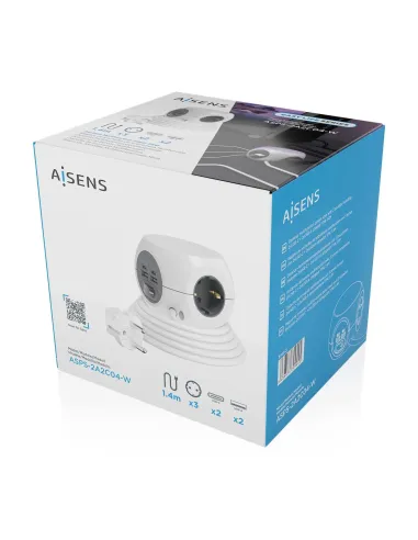 AISENS Regleta de Enchufes Sobremesa Multifuncion con 3 Tomas + 2xUSB-C, 2xUSB-A, 1.4M, Blanco