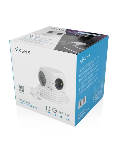 AISENS Regleta de Enchufes Sobremesa Multifuncion con 3 Tomas + 2xUSB-C, 2xUSB-A, 1.4M, Blanco