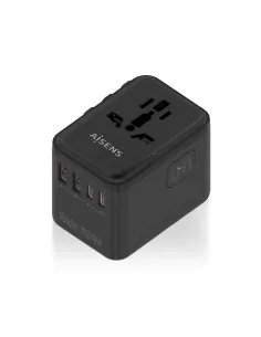 AISENS Adaptador Enchufe Universal Para Viaje EU USA UK AU Con Cargador USB GaN, 2xUSB-A QC3.0, 2xUSB-C PD3.0 25W, Negro