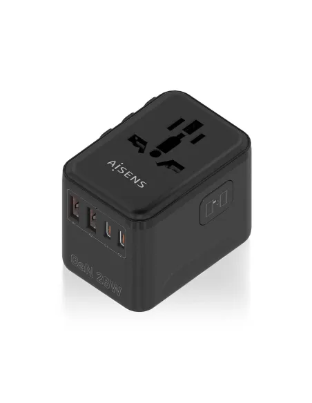 AISENS Adaptador Enchufe Universal Para Viaje EU USA UK AU Con Cargador USB GaN, 2xUSB-A QC3.0, 2xUSB-C PD3.0 25W, Negro