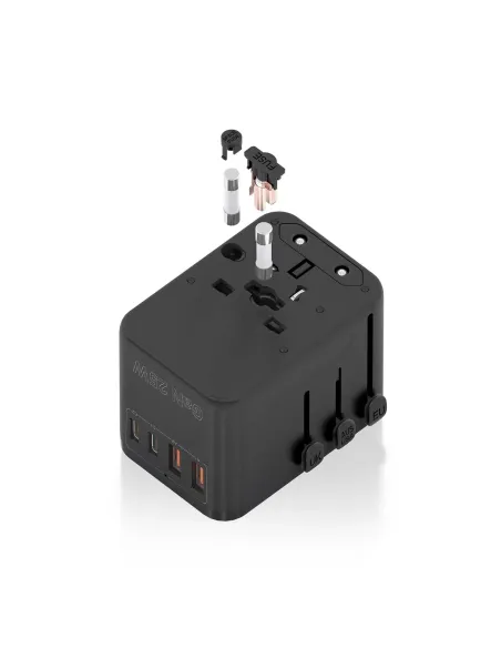 AISENS Adaptador Enchufe Universal Para Viaje EU USA UK AU Con Cargador USB GaN, 2xUSB-A QC3.0, 2xUSB-C PD3.0 25W, Negro