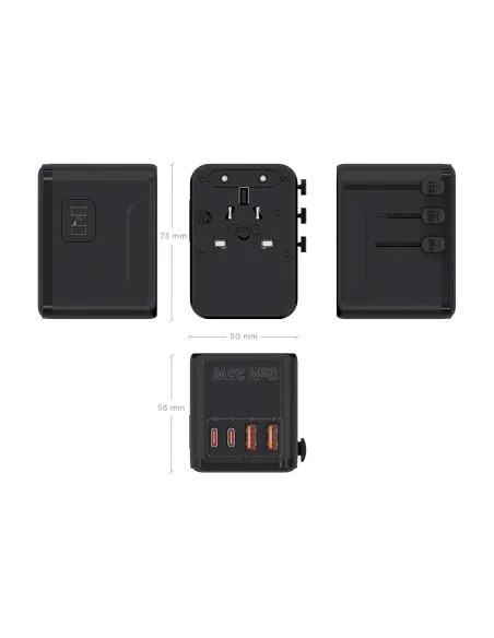 AISENS Adaptador Enchufe Universal Para Viaje EU USA UK AU Con Cargador USB GaN, 2xUSB-A QC3.0, 2xUSB-C PD3.0 25W, Negro
