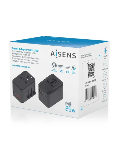 AISENS Adaptador Enchufe Universal Para Viaje EU USA UK AU Con Cargador USB GaN, 2xUSB-A QC3.0, 2xUSB-C PD3.0 25W, Negro