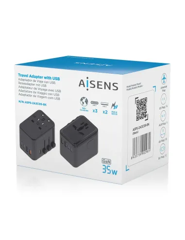 AISENS Adaptador Enchufe Universal Para Viaje EU USA UK AU Con Cargador USB GaN, 2xUSB-A (A1 QC3.0), 3xUSB-C (C1 PD3.0) 35W,