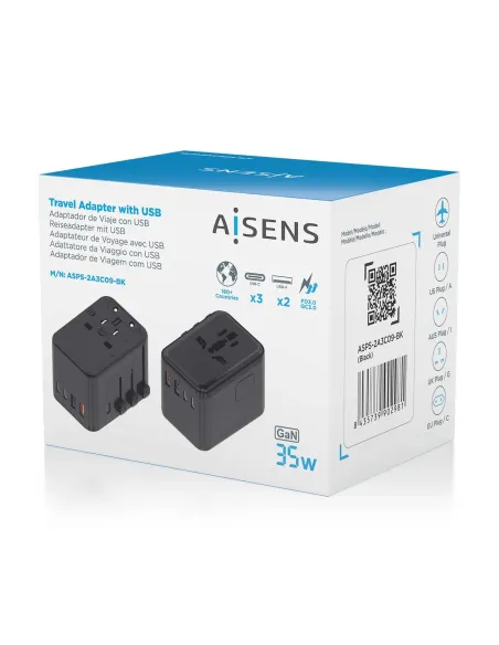 AISENS Adaptador Enchufe Universal Para Viaje EU USA UK AU Con Cargador USB GaN, 2xUSB-A (A1 QC3.0), 3xUSB-C (C1 PD3.0) 35W,