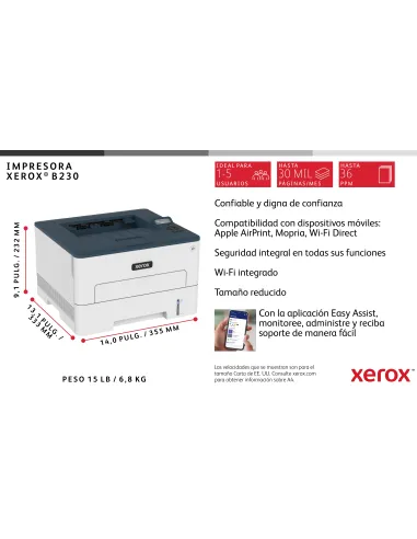 Xerox B230 A4 34 ppm Impresora inalámbrica a doble cara PCL5e 6 2 bandejas Total 251 hojas