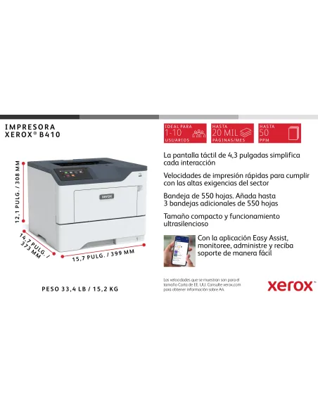 Xerox B410 A4 47 ppm Impresora a doble cara PS3 PCL5e 6 2 bandejas 650 hojas en total