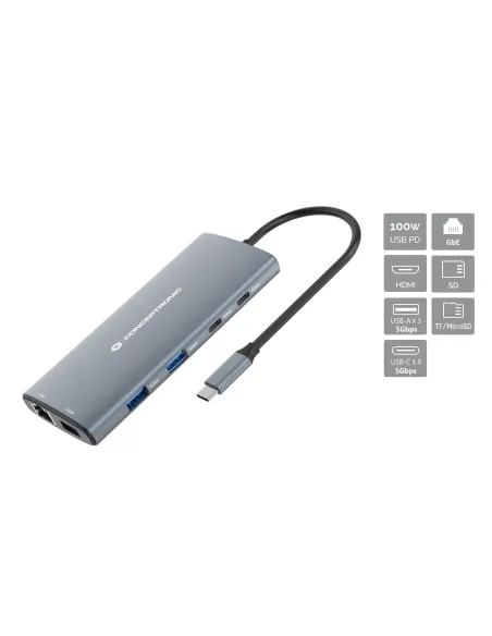 Conceptronic DONN06G base para portátil y replicador de puertos Alámbrico USB 3.2 Gen 1 (3.1 Gen 1) Type-C Gris