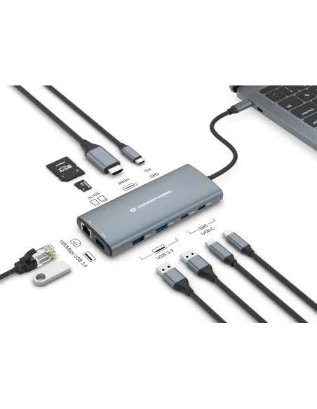 Conceptronic DONN06G base para portátil y replicador de puertos Alámbrico USB 3.2 Gen 1 (3.1 Gen 1) Type-C Gris