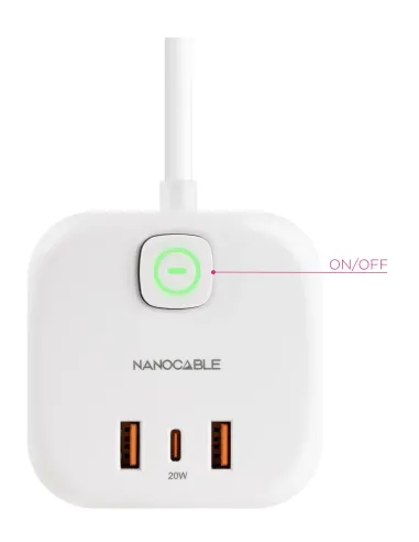 Nanocable Base de 3 enchufes con 3 USB (2 USB-A + 1 USB-C), GaN + PPS, PD 20W, con interruptor, Blanco