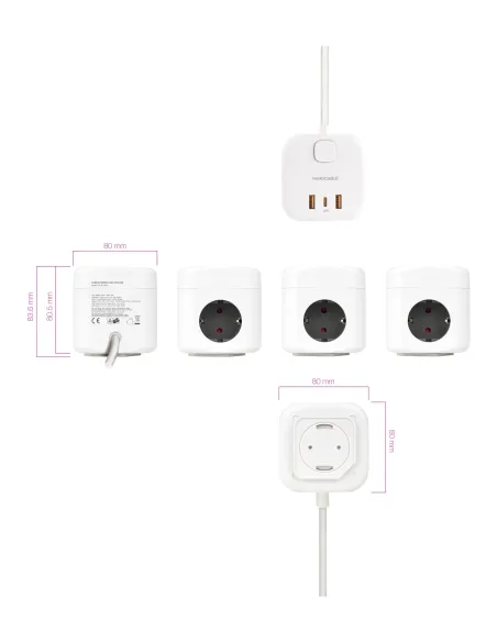 Nanocable Base de 3 enchufes con 3 USB (2 USB-A + 1 USB-C), GaN + PPS, PD 20W, con interruptor, Blanco