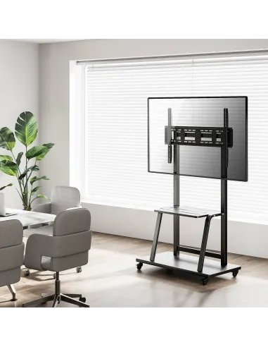 AISENS Soporte de suelo ECO con ruedas, bandeja para DVD para Monitor TV 150Kg de 37-100, Negro