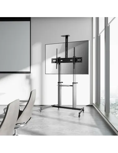 AISENS Soporte de suelo PRO con ruedas, bandeja para DVD y soporte de cámara para Monitor TV 100Kg de 60-100, Negro-Plata