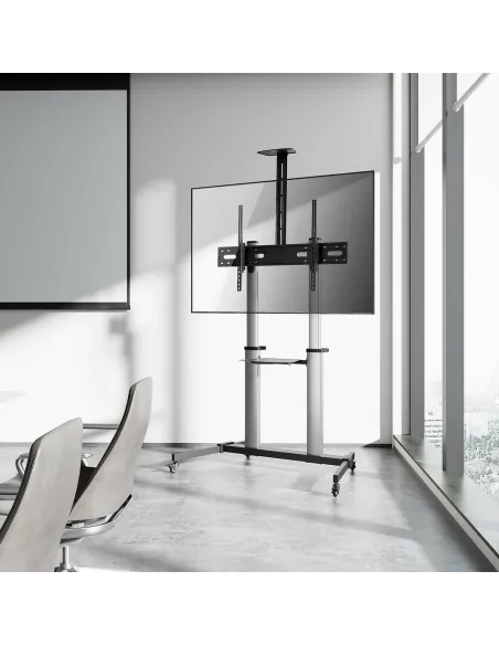 AISENS Soporte de suelo PRO con ruedas, bandeja para DVD y soporte de cámara para Monitor TV 100Kg de 60-100, Negro-Plata