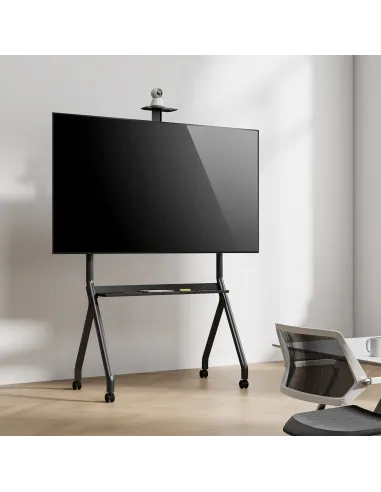 AISENS Soporte de Suelo Pro Con Rueda, 1 Bandeja Y Soporte de Camara Para Pantalla Interactiva TV 120kg de 55"-100", Negro