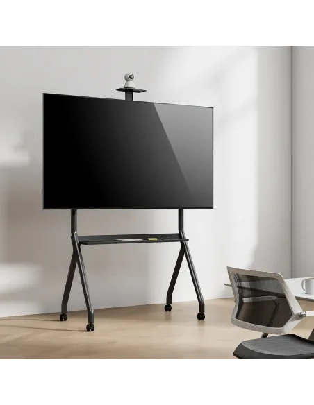 AISENS Soporte de Suelo Pro Con Rueda, 1 Bandeja Y Soporte de Camara Para Pantalla Interactiva TV 120kg de 55"-100", Negro