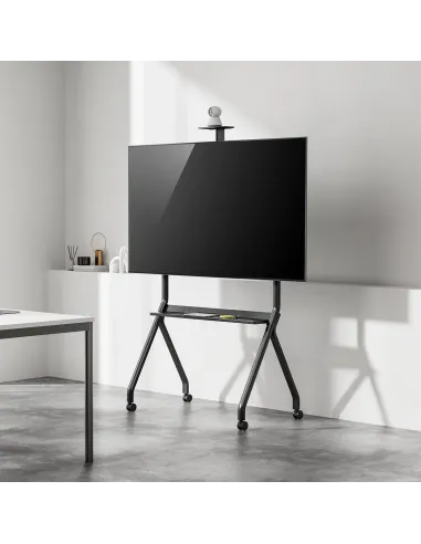 AISENS Soporte de Suelo Pro Con Rueda, 1 Bandeja Y Soporte de Camara Para Pantalla Interactiva TV 120kg de 55"-100", Negro