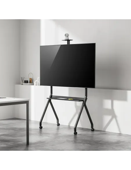 AISENS Soporte de Suelo Pro Con Rueda, 1 Bandeja Y Soporte de Camara Para Pantalla Interactiva TV 120kg de 55"-100", Negro