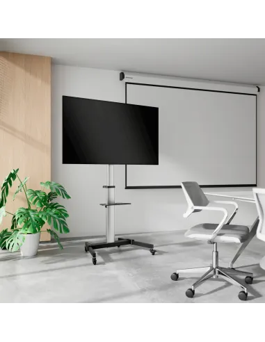 AISENS Floor Stand with Wheel, DVD Tray for Monitor TV 50Kg from 37-86, Black-Silver