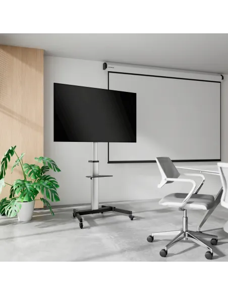 AISENS Floor Stand with Wheel, DVD Tray for Monitor TV 50Kg from 37-86, Black-Silver