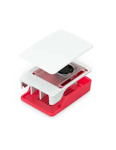 Carcasa raspberry pi 5 con ventilador roja y blanca