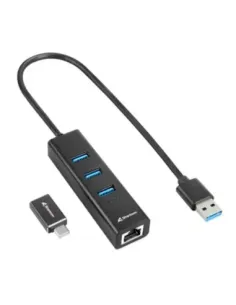 Hub usb sharkoon 3 x usb 3.2 gen 1 + rj45 aluminio negro + adaptador usb tipo c