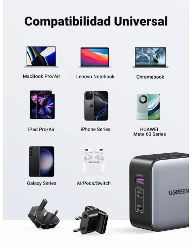 Ugreen 65W Nexode GaN Auriculares, Teléfono móvil, Portátil, Reloj inteligente, Tableta Gris USB Carga rápida Interior