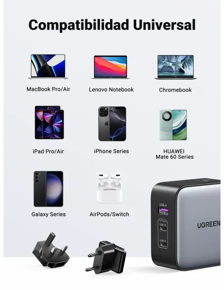 Ugreen 65W Nexode GaN Auriculares, Teléfono móvil, Portátil, Reloj inteligente, Tableta Gris USB Carga rápida Interior