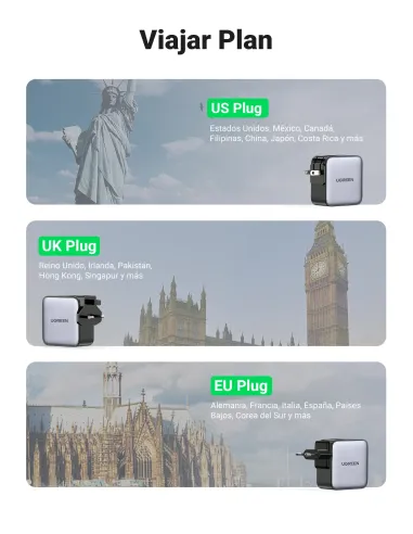 Ugreen 65W Nexode GaN Auriculares, Teléfono móvil, Portátil, Reloj inteligente, Tableta Gris USB Carga rápida Interior