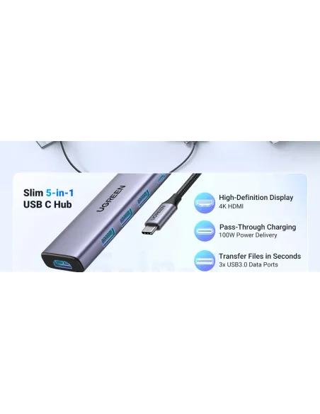 Ugreen 20956A hub de interfaz USB Tipo C 5000 Mbit s Plata